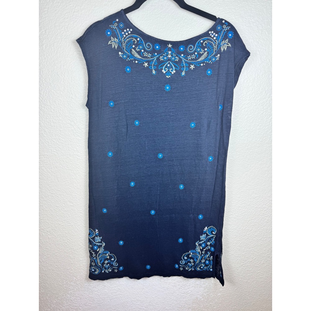 J Jill Love Linen Embroidered Tunic Topâ Womens XS Blue Floral Boho Minimalist